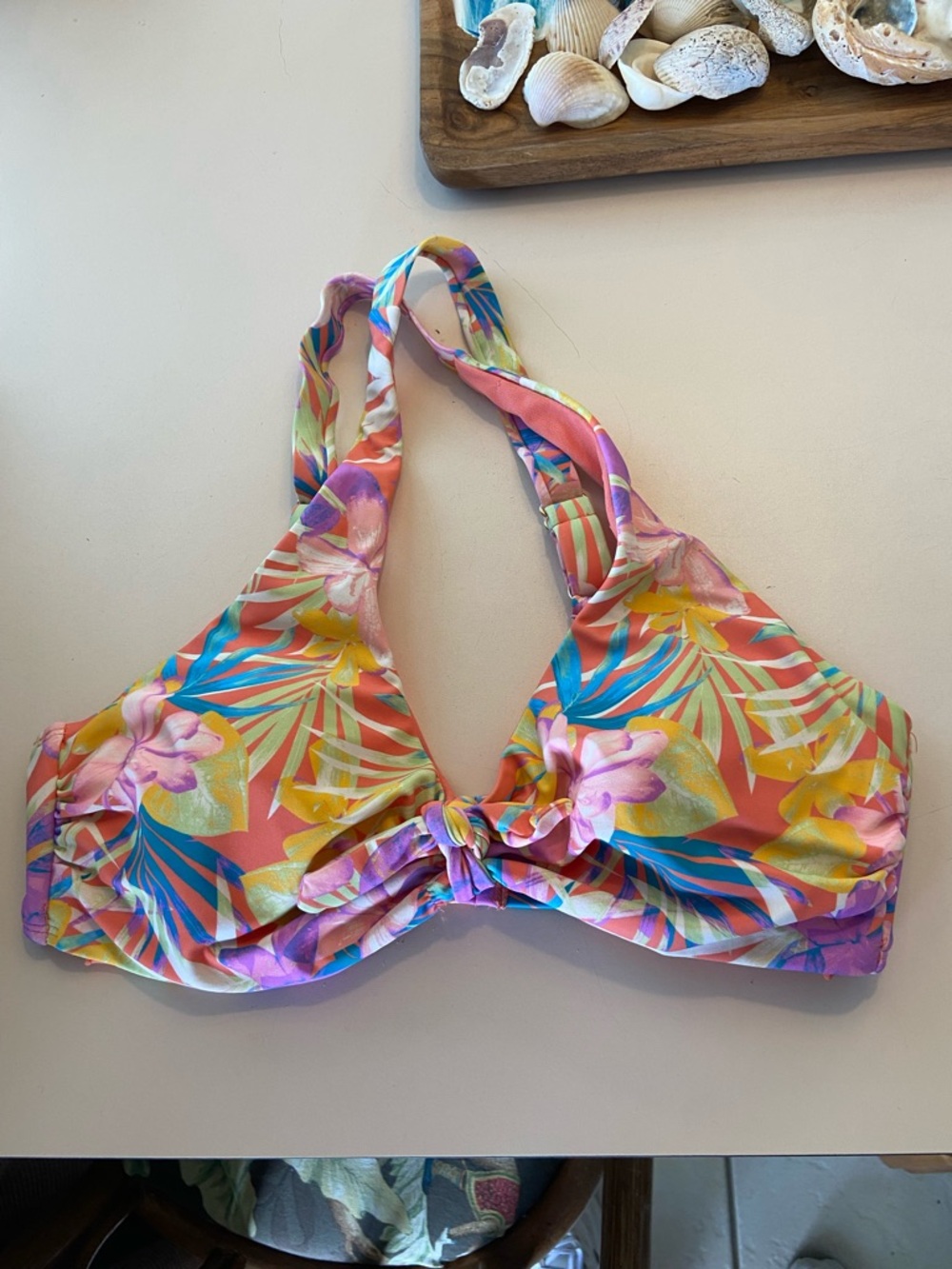 Time and Tru Coral Halter Bikini Top with Multicolor Trim